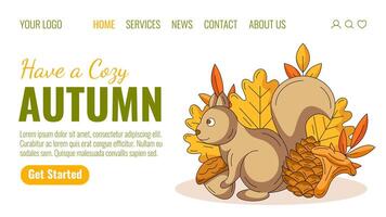 Autumn landing page template. Fall elements for seasonal holidays. Cute squirrel with an acorn, chanterelle mushroom, fir cone, oak leaves. Illustration for website, web, online, banner vector