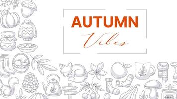 Autumn vibes, horizontal banner or background with space for text. Minimalist corner border frame with monochrome gray fall seasonal cozy elements, food, clothes, mushrooms, animals. For poster, card vector