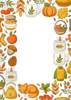 Autumn vertical a4 poster, space for text in the middle, isolated background. Colorful border frame with fall seasonal cozy elements. For card, banner, invitation, social media, festival or planner. vector