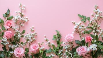 Banner with flowers on light pink background. photo