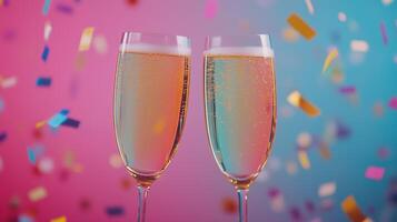 Champagne glasses with confetti on color photo