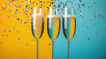 Champagne glasses with confetti on color photo
