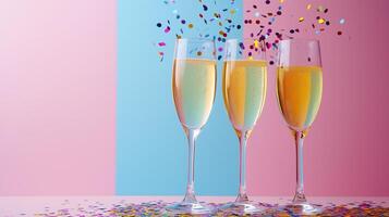 Champagne glasses with confetti on color photo