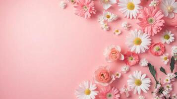 Banner with flowers on light pink background. photo