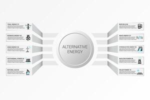 Infographic Alternative Energy template. Icons in different colors. Include Tidal Energy, Biomass Energy, Wind Energy, Geothermal Power and others. vector