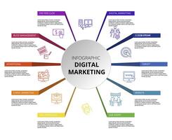 Infographic Digital Marketing template. Icons in different colors. Include Digital Marketing, Pay Per Click, Blog Management, Advertising and others. vector
