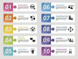 Infographic Team Building icons illustration. 10 colored steps info template with editable text. vector