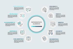 Infographic Digital Marketing template. Icons in different colors. Include Digital Marketing, Pay Per Click, Blog Management, Advertising and others. vector