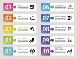 Infographic Business Intelligence icons illustration. 10 colored steps info template with editable text. vector