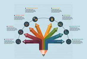 Infographic Team Building template. Icons in different colors. Include Focus Group, Synergy, Project Team, Positive Feedback and others. vector
