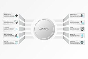 Infographic Banking template. Icons in different colors. Include Absorption, Credit, Leasing, Bank Account and others. vector