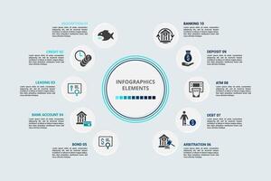 Infographic Banking template. Icons in different colors. Include Absorption, Credit, Leasing, Bank Account and others. vector