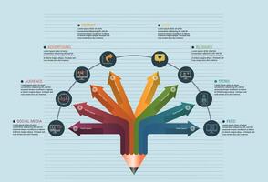 Infographic Social Media template. Icons in different colors. Include Like, Audience, Boosted Post, Feed and others. vector