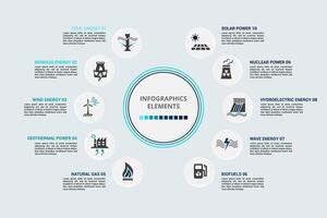 Infographic Alternative Energy template. Icons in different colors. Include Tidal Energy, Biomass Energy, Wind Energy, Geothermal Power and others. vector