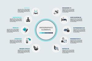 Infographic Biohacking template. Icons in different colors. Include Detox, Meditation, Drugs, Hydrate and others. vector