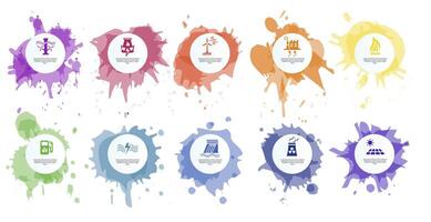 Infographic Alternative Energy template. Icons in different colors. Include Tidal Energy, Biomass Energy, Wind Energy, Geothermal Power and others. vector