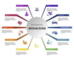 Infographic Biohacking template. Icons in different colors. Include Detox, Meditation, Drugs, Hydrate and others. vector
