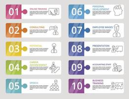Infographic Business Training icons illustration. 10 colored steps info template with editable text. vector