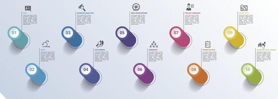 Infographic Business Intelligence icons illustration. 10 colored steps info template with editable text. vector