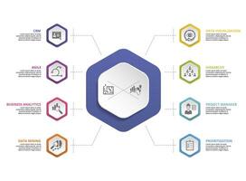Infographic Business Intelligence icons illustration. 8 colored steps info template with editable text. vector