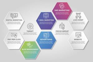Infographic Digital Marketing template. Icons in different colors. Include Digital Marketing, Pay Per Click, Blog Management, Advertising and others. vector