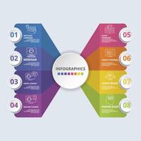 Infographic E-Learning icons illustration. 8 colored steps info template with editable text. vector