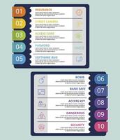 Infographic Security template. Icons in different colors. Include Security, Access Key, Bank Safe, Bomb and others. vector