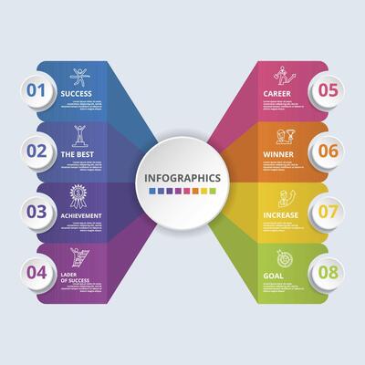 Infographic Success icons illustration. 8 colored steps info template with editable text.