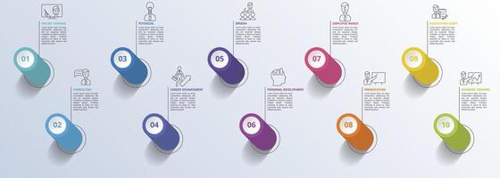 Infographic Business Training icons illustration. 10 colored steps info template with editable text. vector