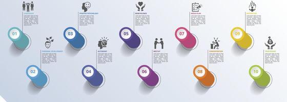 Infographic Business Management icons illustration. 10 colored steps info template with editable text. vector