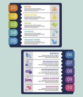 Infographic Biohacking template. Icons in different colors. Include Detox, Meditation, Drugs, Hydrate and others. vector