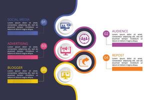 Infographic Social Media template. Icons in different colors. Include Like, Audience, Boosted Post, Feed and others. vector