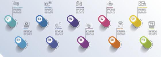 Infographic E-Learning icons illustration. 10 colored steps info template with editable text. vector