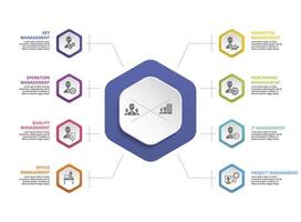Infographic Company Management icons illustration. 8 colored steps info template with editable text. vector