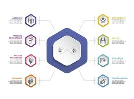 Infographic Business Management icons illustration. 8 colored steps info template with editable text. vector