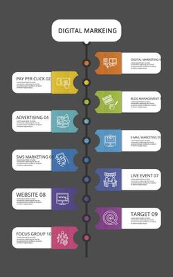 Infographic Digital Marketing template. Icons in different colors. Include Digital Marketing, Pay Per Click, Blog Management, Advertising and others.