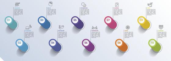 Infographic Teamwork icons illustration. 10 colored steps info template with editable text. vector