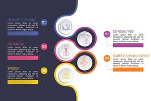 Infographic Business Training template. Icons in different colors. Include Online Training, Consulting, Potencial, Career Advancement and others. vector