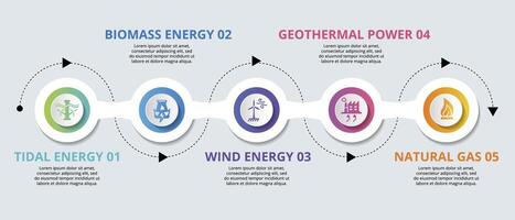 Infographic Alternative Energy template. Icons in different colors. Include Tidal Energy, Biomass Energy, Wind Energy, Geothermal Power and others. vector