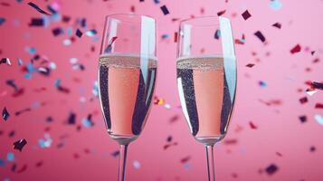 Champagne glasses with confetti on color photo