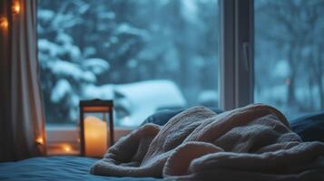 A cozy winter scene, with a person wrapped in a blanket photo