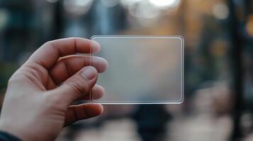 A mockup featuring a hand holding a blank translucent card photo