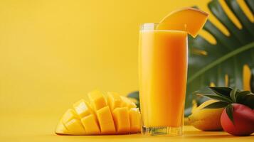 Ripe mango Fresh Juice set against a Yellow Background photo