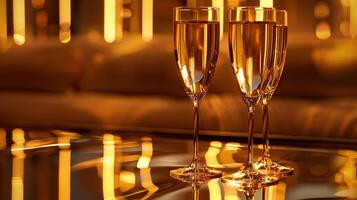 Three champagne glasses poised for a celebratory toast photo