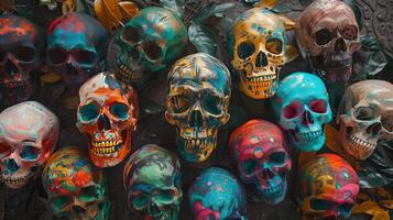 Top view painted skulls arrangement photo