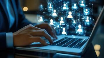 Man using laptop, headhunting and human resources photo