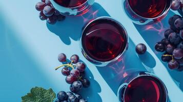 Vino tinto with purple and black grapes on a blue background photo