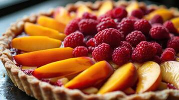 A tart with a slit cut out and topped with raspberries and peaches photo