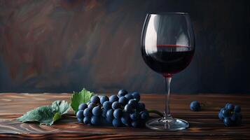 a glass of red wine and a bunch of grapes photo
