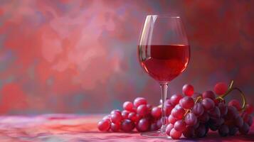 a glass of red wine and a bunch of grapes photo